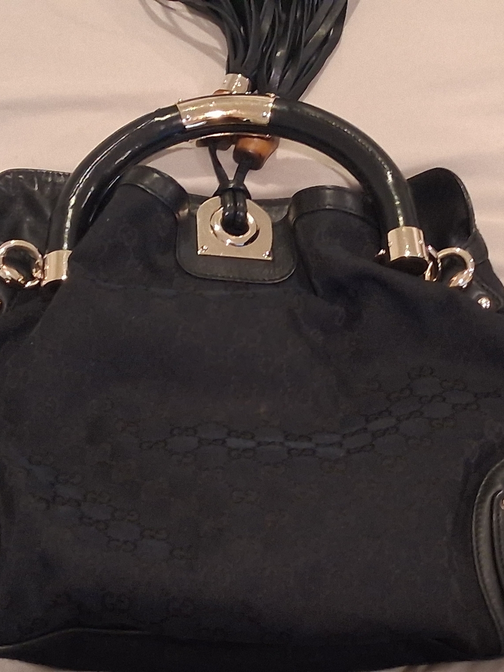 Gucci Black Leather Fringe Satchel with Gold-Tone Handles - Picture 2 of 3